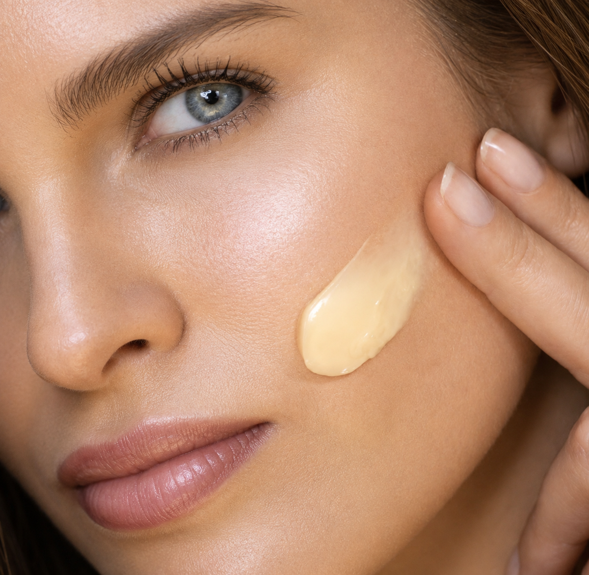 Close-up of a woman's face with a dollop of light beige liquid cream on her cheek, being spread by her fingers.