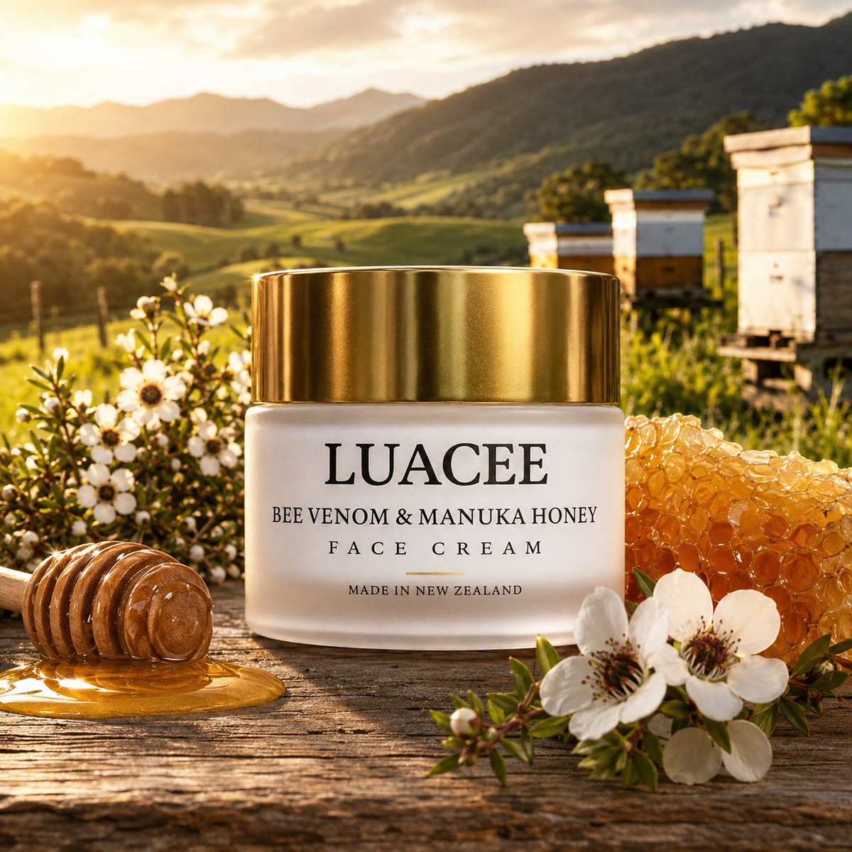 A jar of LUACEE Bee Venom & Manuka Honey Face Cream sits on a rustic wooden table surrounded by honeycomb, a honey dipper, white flowers, and a scenic mountain landscape with beehives in the background.